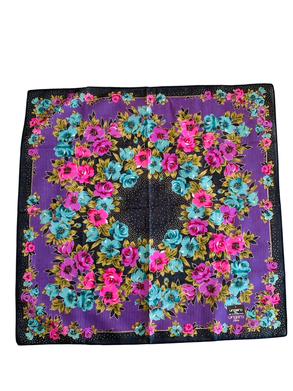 Ungaro Paris Floral Handkerchief 16.5” Square Purple Pink Blue 100% Cotton Japan